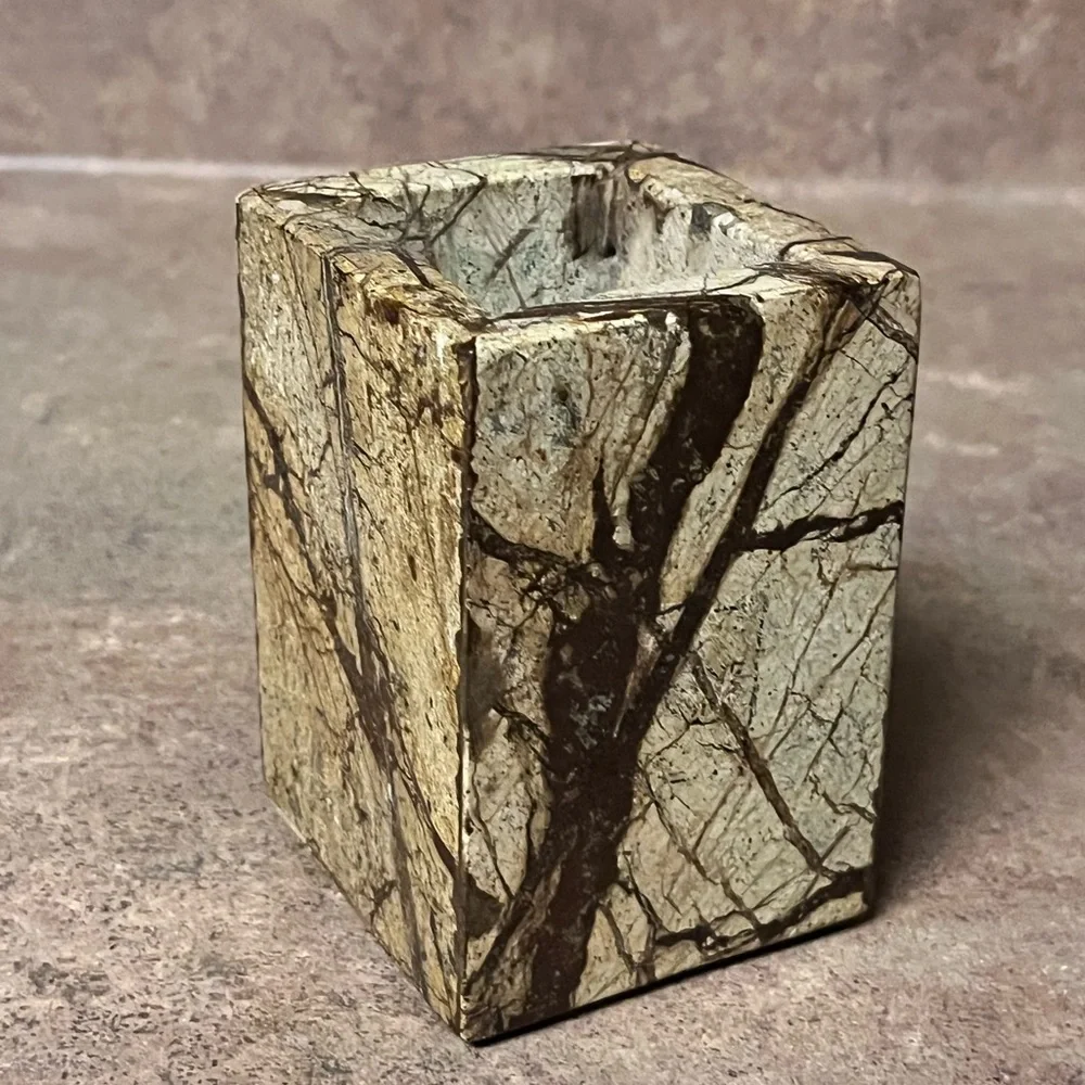 Natural marble brown forest texured marble pen holder, brush holder